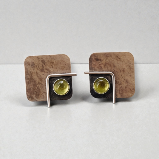 Peridot August birthstone, square sterling silver oxidised stud earrings. Made to order.