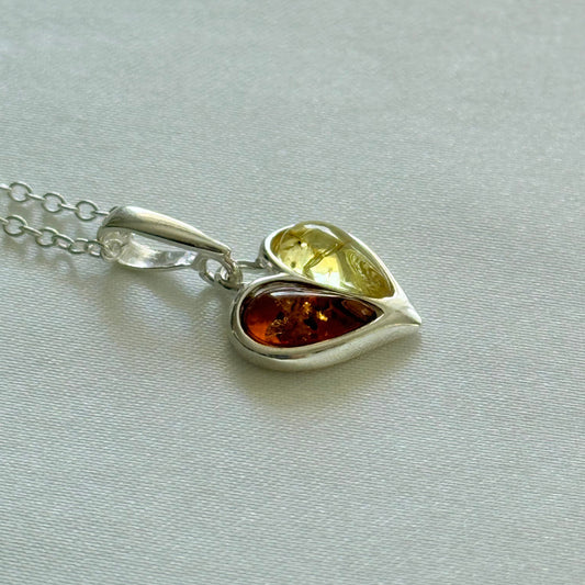 Sterling Silver Baltic Amber Heart Necklace – Yellow & Brown Amber Duo