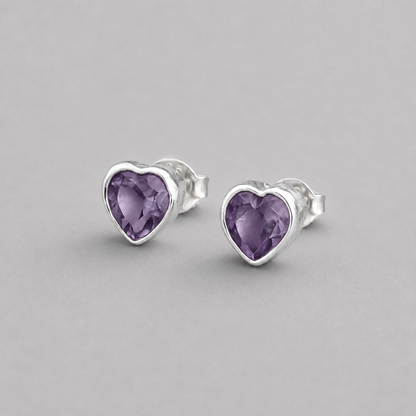 Amethyst Heart Stud Earrings in 925 Sterling Silver
