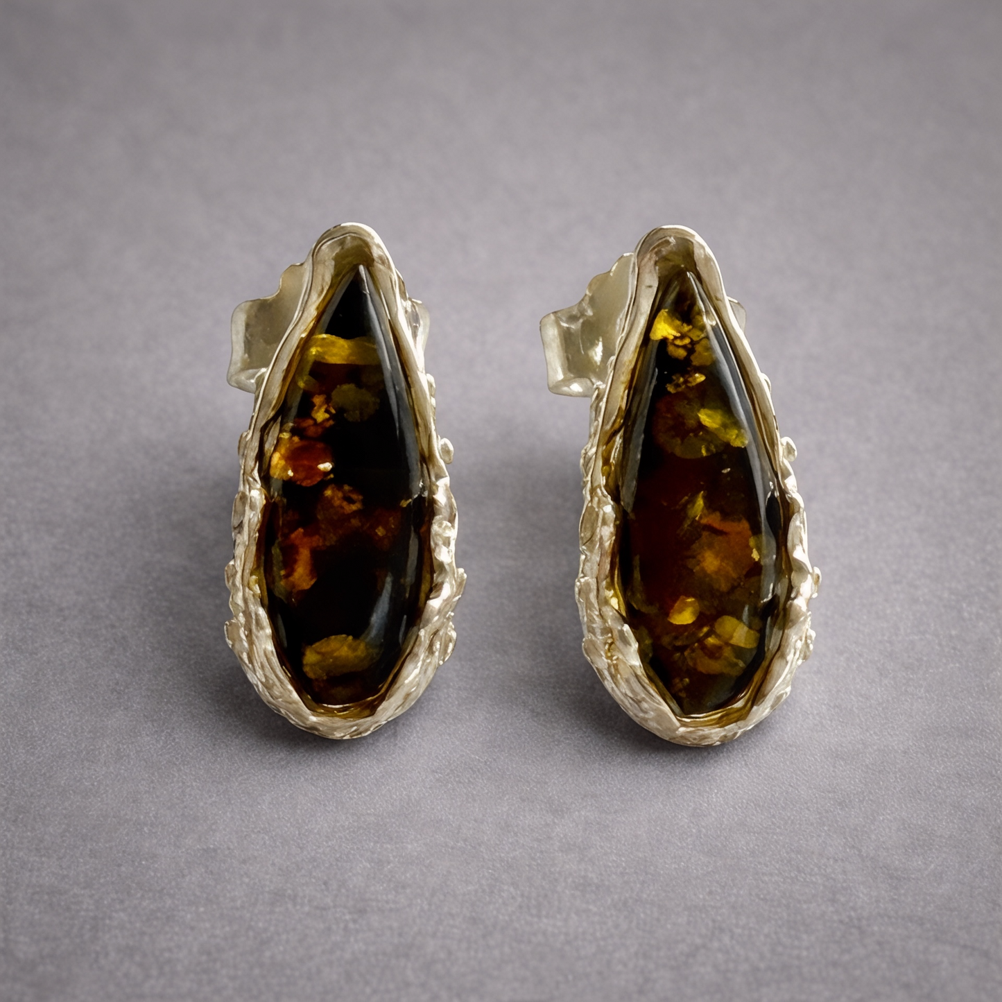 Baltic Green Amber and Sterling Silver Stud Earrings