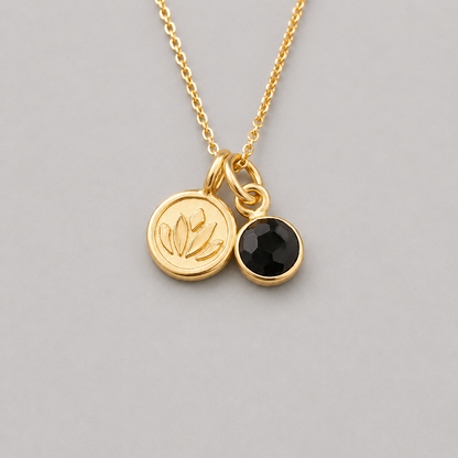 Black onyx, lotus charm, 24k gold vermeil necklace