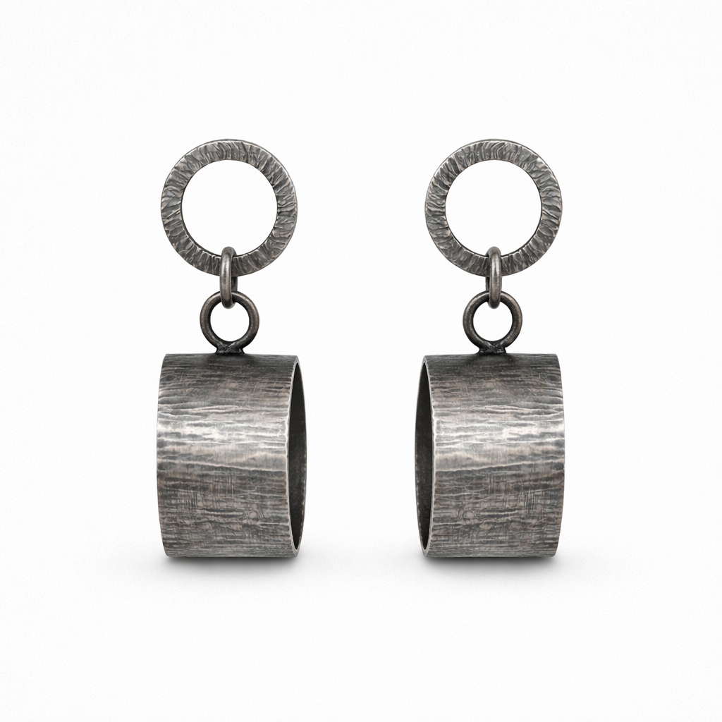 Artisan oxidised sterling silver circle stud earrings.