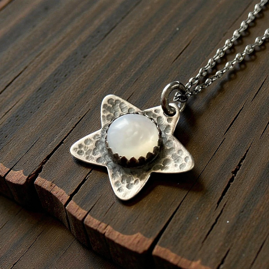 Mother of Pearl, star oxidised sterling silver necklace.