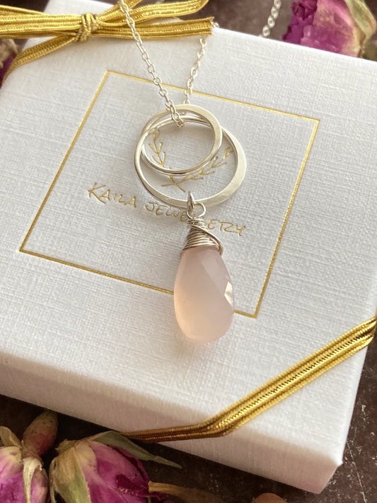 Pink Chalcedony Interlocking Circles Necklace in Sterling Silver