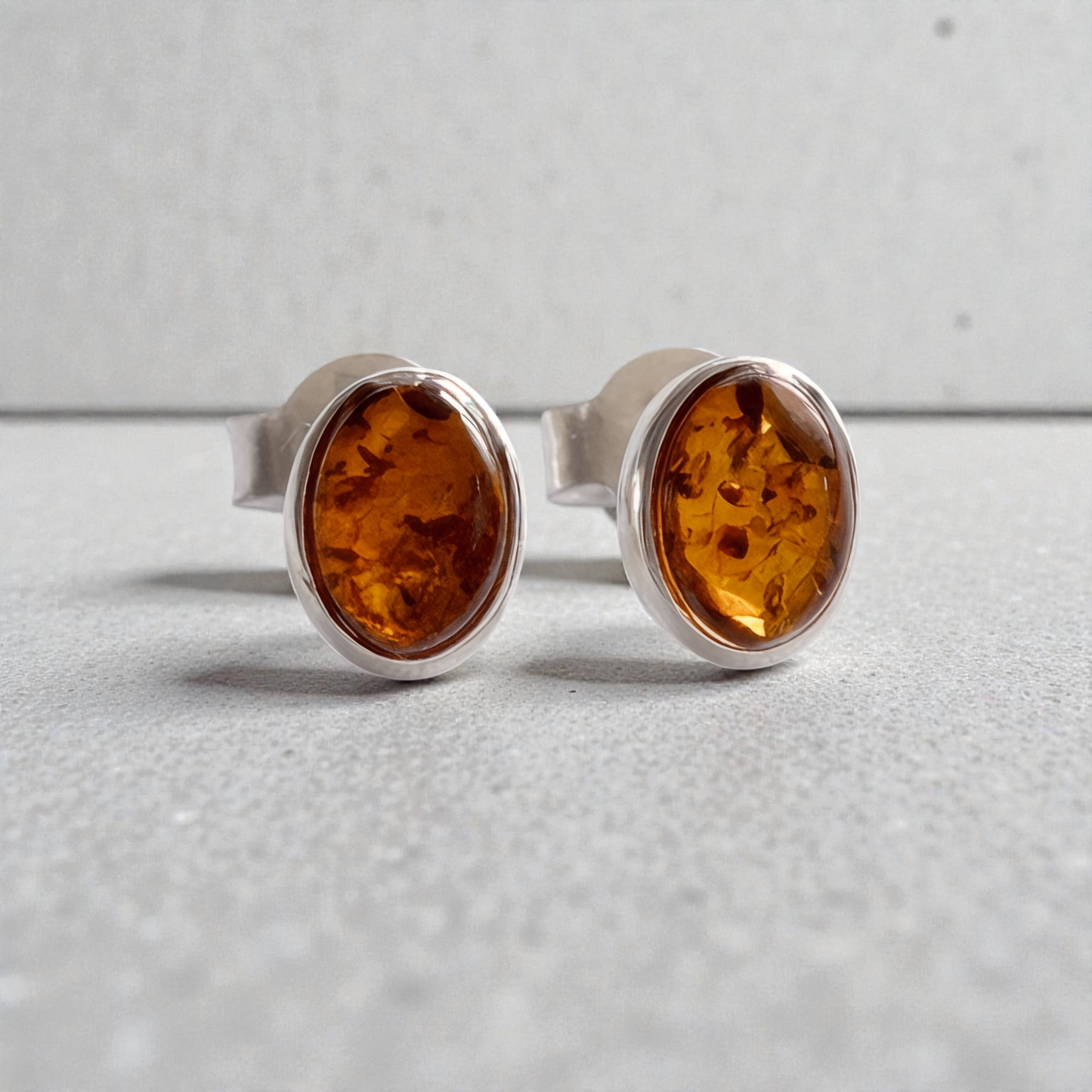 Sterling Silver Baltic Amber Oval Stud Earrings