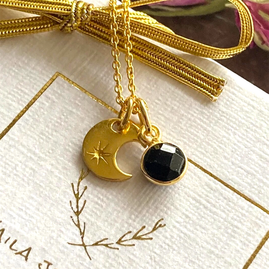 Black onyx and crescent moon charm 24k gold vermeil necklace