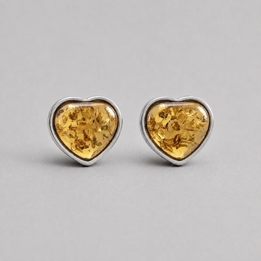 Sterling Silver and Baltic Amber Heart Stud Earrings