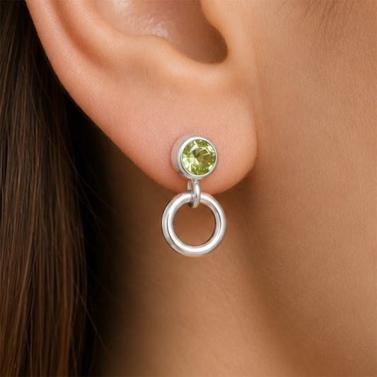 Peridot and circle sterling silver stud earrings.