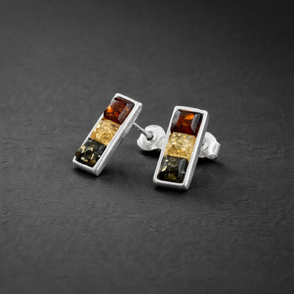 Sterling Silver Stud Earrings with a Trio of Amber Stones