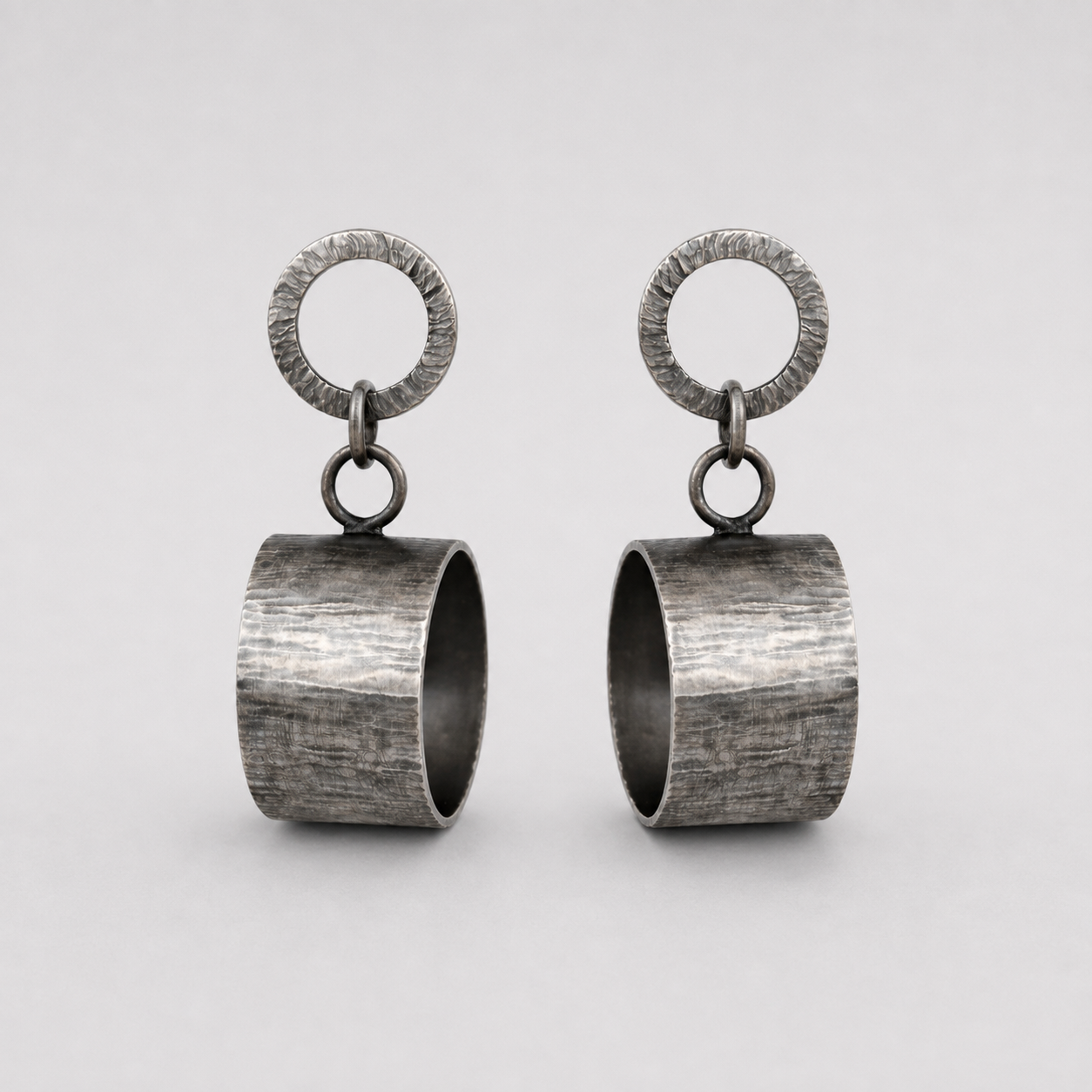 Artisan oxidised sterling silver circle stud earrings.