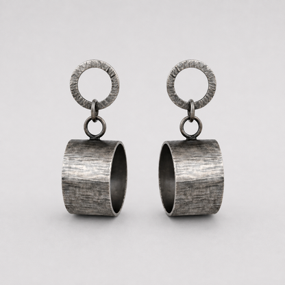 Artisan oxidised sterling silver circle stud earrings.