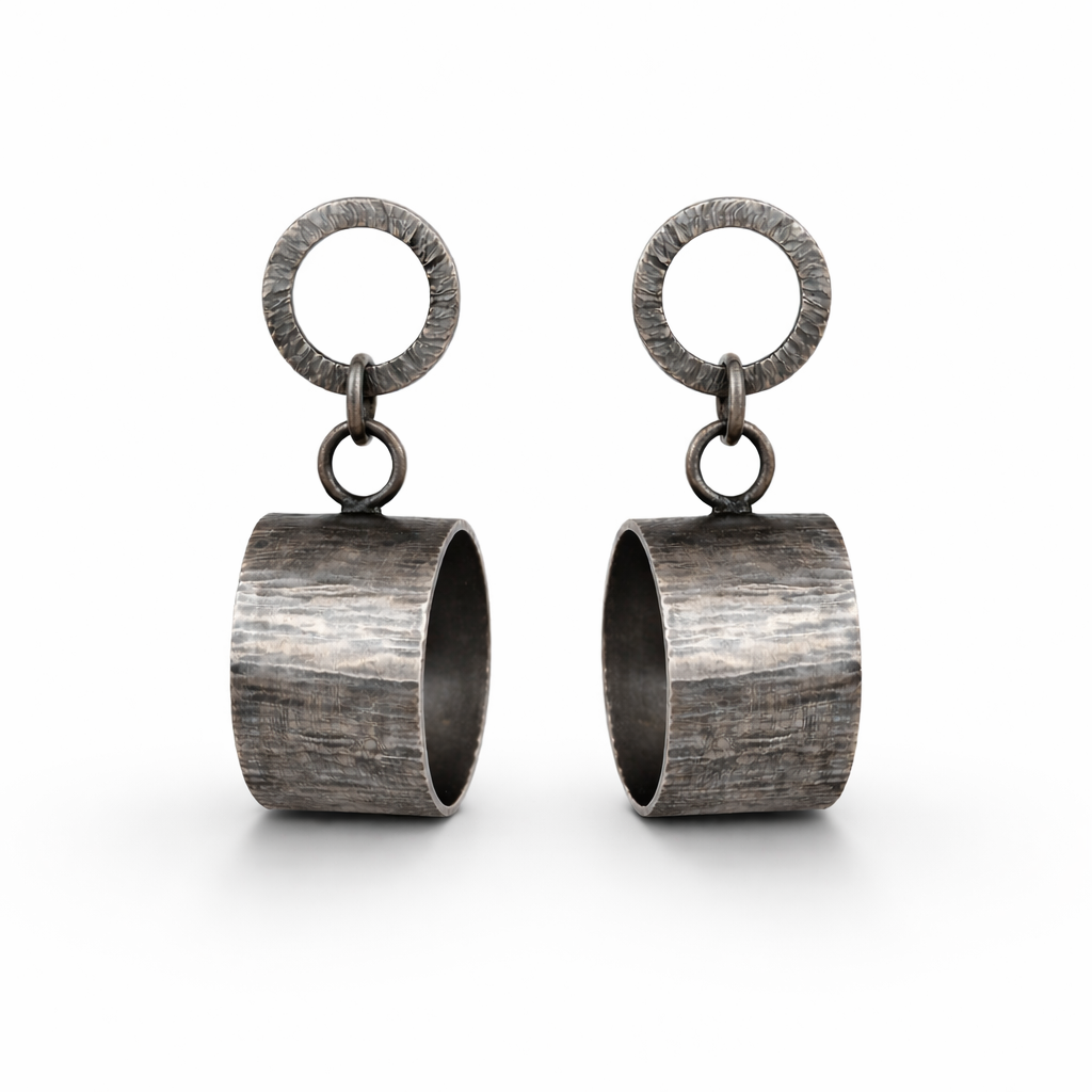 Artisan oxidised sterling silver circle stud earrings.