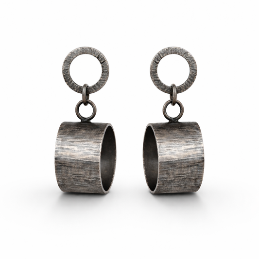 Artisan oxidised sterling silver circle stud earrings.