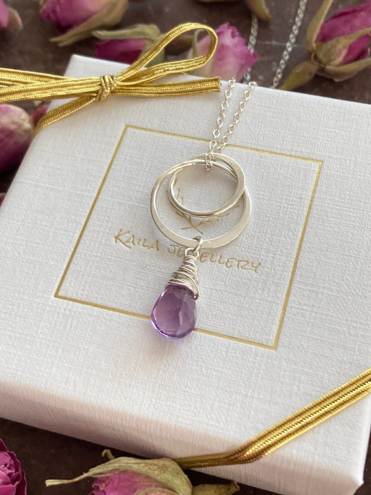 Natural Amethyst Circle Necklace in Sterling Silver and Fine Silver