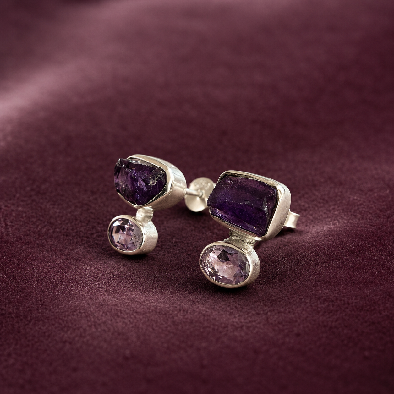 Organic Amethyst Stud Earrings | Sterling Silver | Raw & Faceted Amethyst Earrings