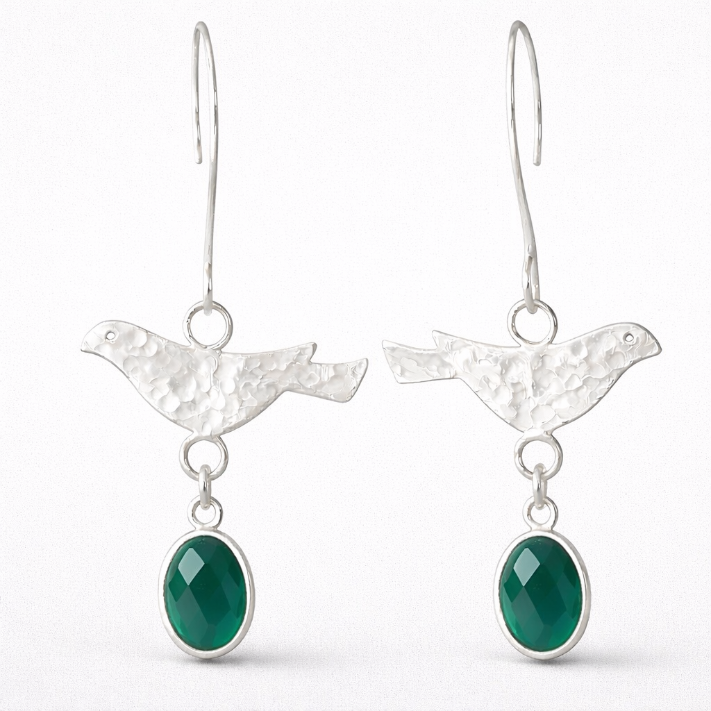 Sterling Silver Green Onyx Bird Dangle Earrings