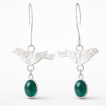 Sterling Silver Green Onyx Bird Dangle Earrings