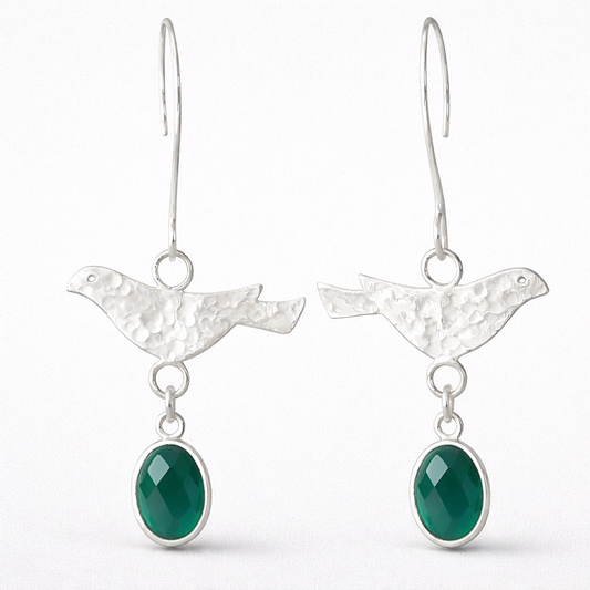 Sterling Silver Green Onyx Bird Dangle Earrings