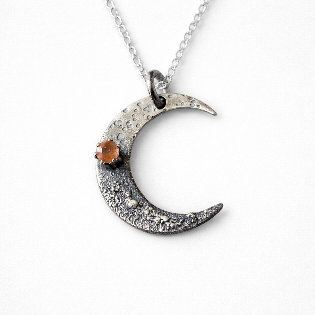 Sunstone crescent moon oxidised sterling silver necklace