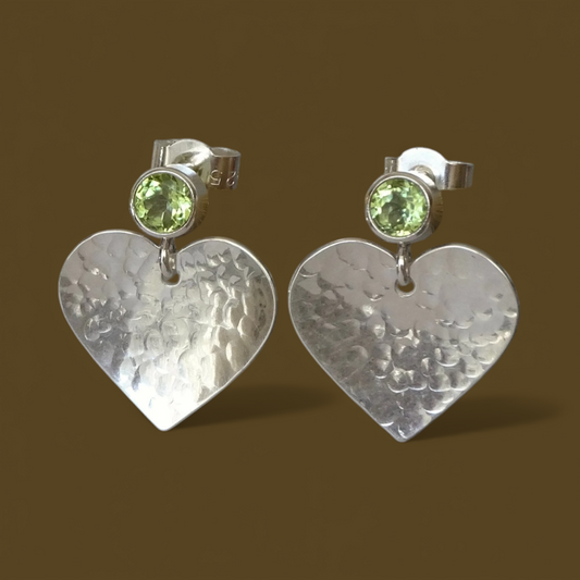 Peridot August birthstone sterling silver heart stud earrings.