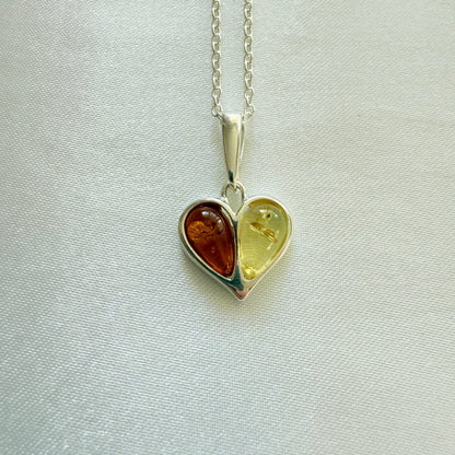 Sterling Silver Baltic Amber Heart Necklace – Yellow & Brown Amber Duo