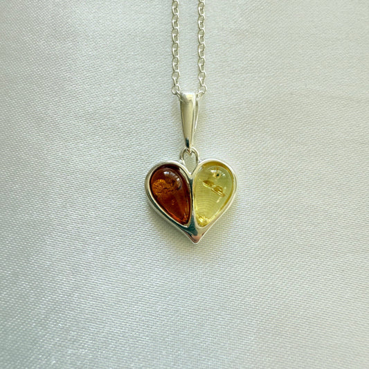 Sterling Silver Baltic Amber Heart Necklace – Yellow & Brown Amber Duo