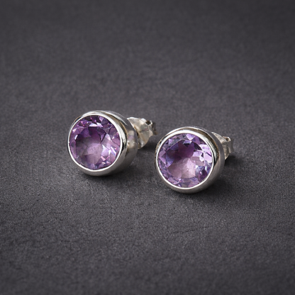 8mm Sterling Silver Amethyst Stud Earrings.