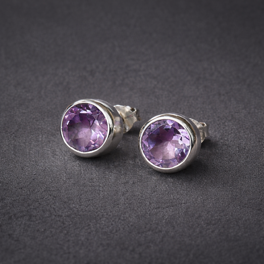 8mm Sterling Silver Amethyst Stud Earrings.