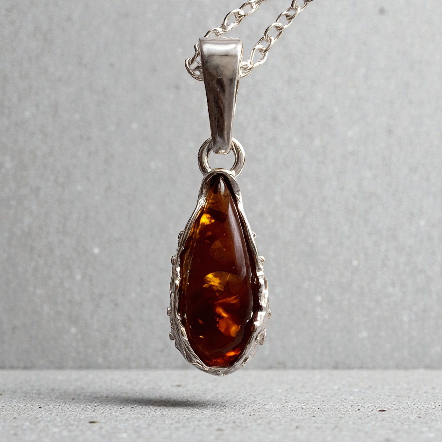 Teardrop Baltic Amber Pendant Necklace in Sterling Silver
