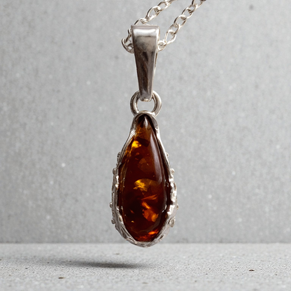 Teardrop Baltic Amber Pendant Necklace in Sterling Silver