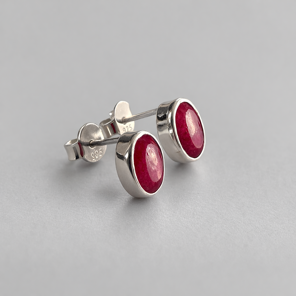 Ruby Quartz Stud Earrings – Oval 6x8mm Sterling Silver Stud Earrings – Minimalist Red Gemstone Earrings