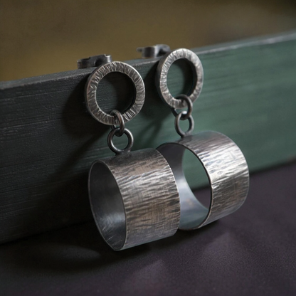 Artisan oxidised sterling silver circle stud earrings.