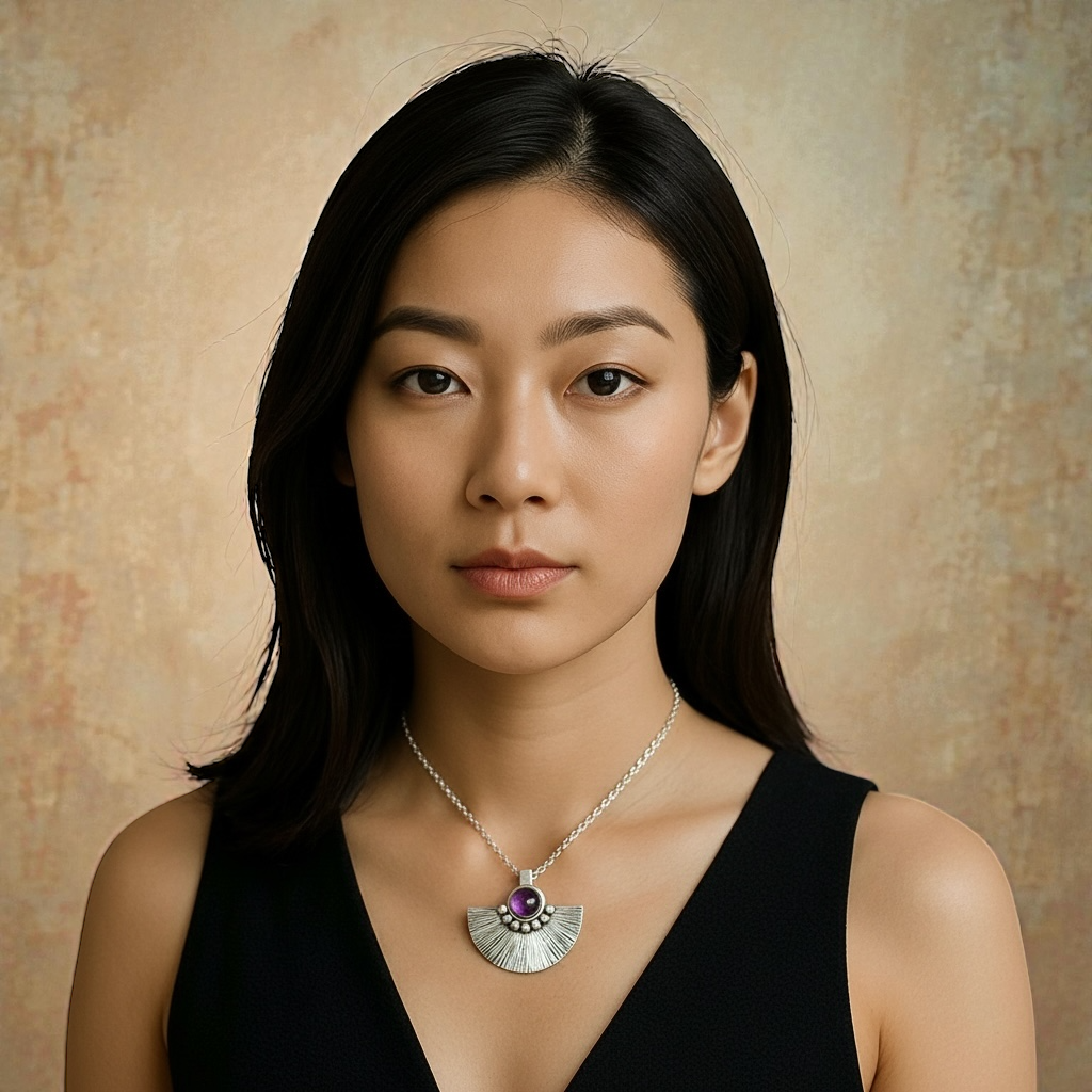 Artisan Amethyst sterling silver fan necklace.