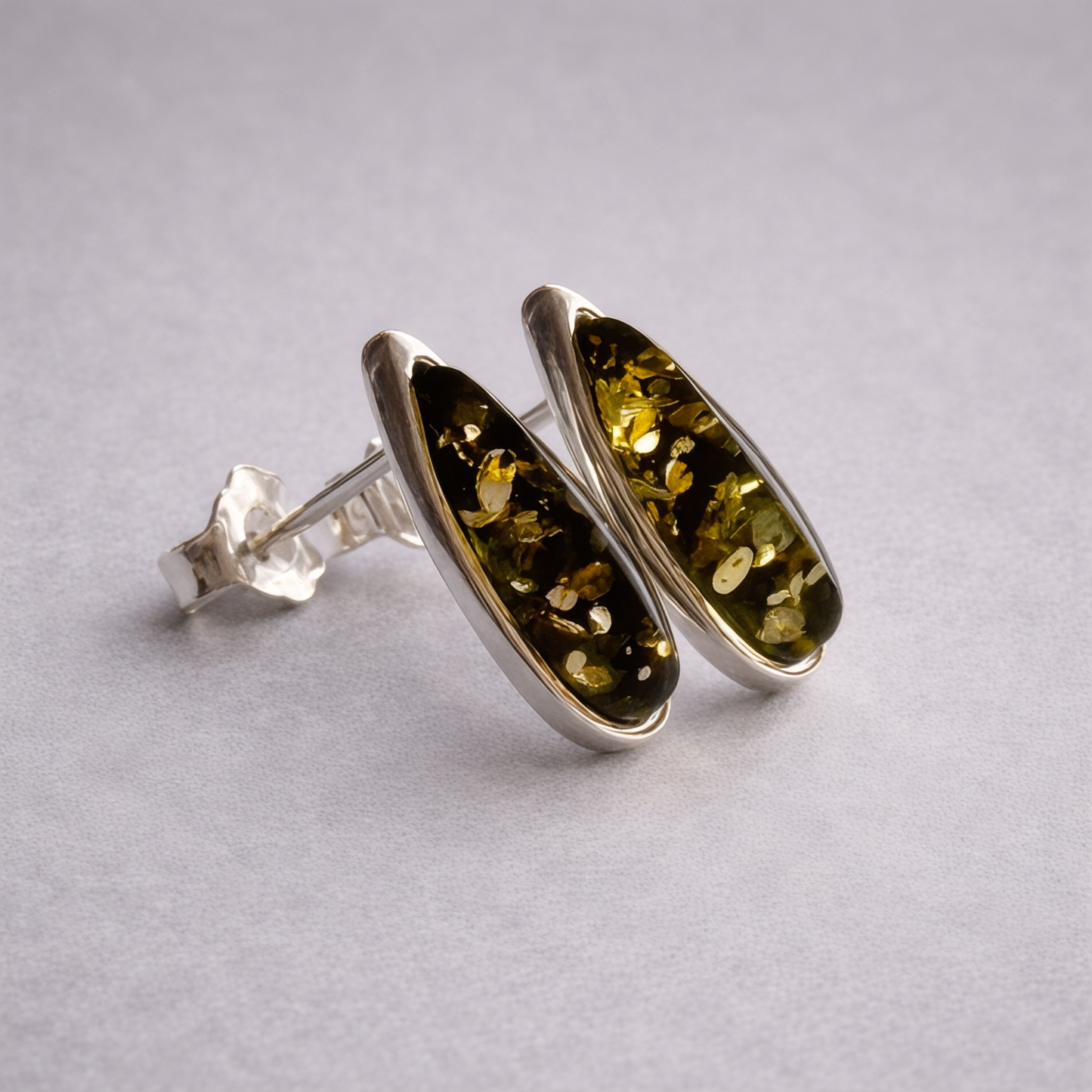 Green Baltic Amber Teardrop Stud Earrings in Sterling Silver