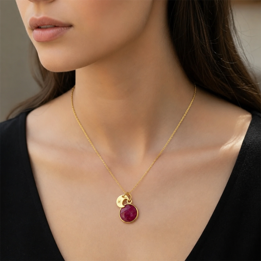 24k Gold Vermeil Ruby and Crescent Moon Necklace