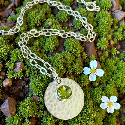 Minimalist Sterling Silver Disc Necklace with Green Peridot Charm
