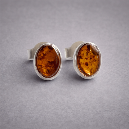 Sterling Silver Baltic Amber Oval Stud Earrings