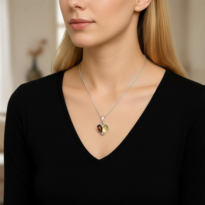Sterling Silver Baltic Amber Heart Necklace – Yellow & Brown Amber Duo