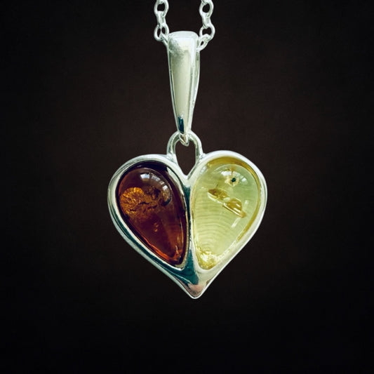 Sterling Silver Baltic Amber Heart Necklace – Yellow & Brown Amber Duo