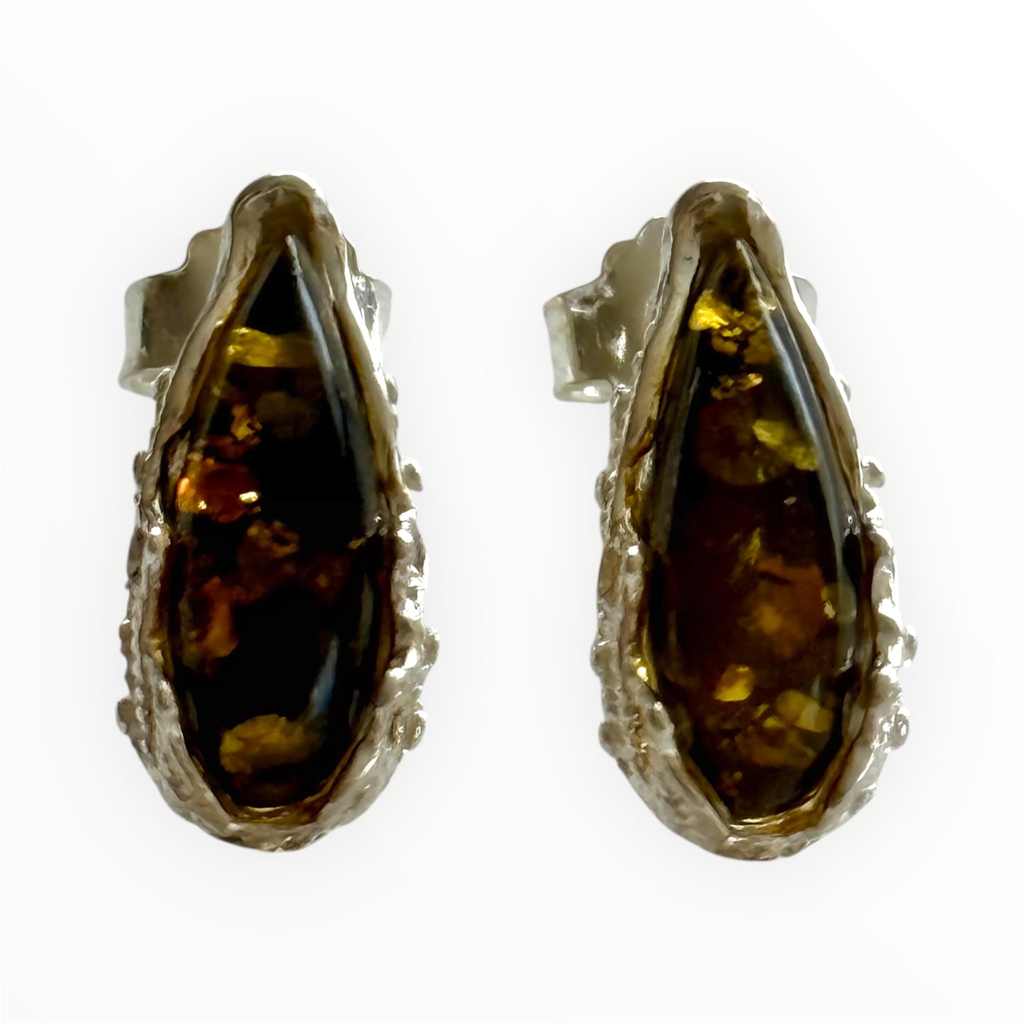 Baltic Green Amber and Sterling Silver Stud Earrings