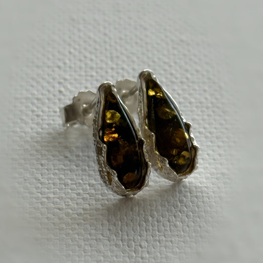 Baltic Green Amber and Sterling Silver Stud Earrings
