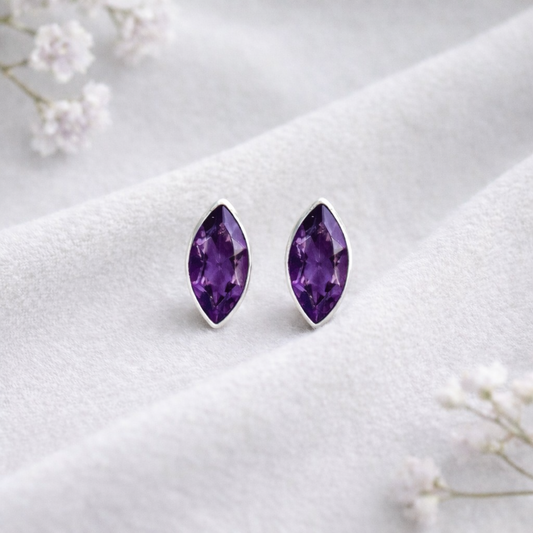 Marquise Amethyst Stud Earrings – Sterling Silver February Birthstone Earrings