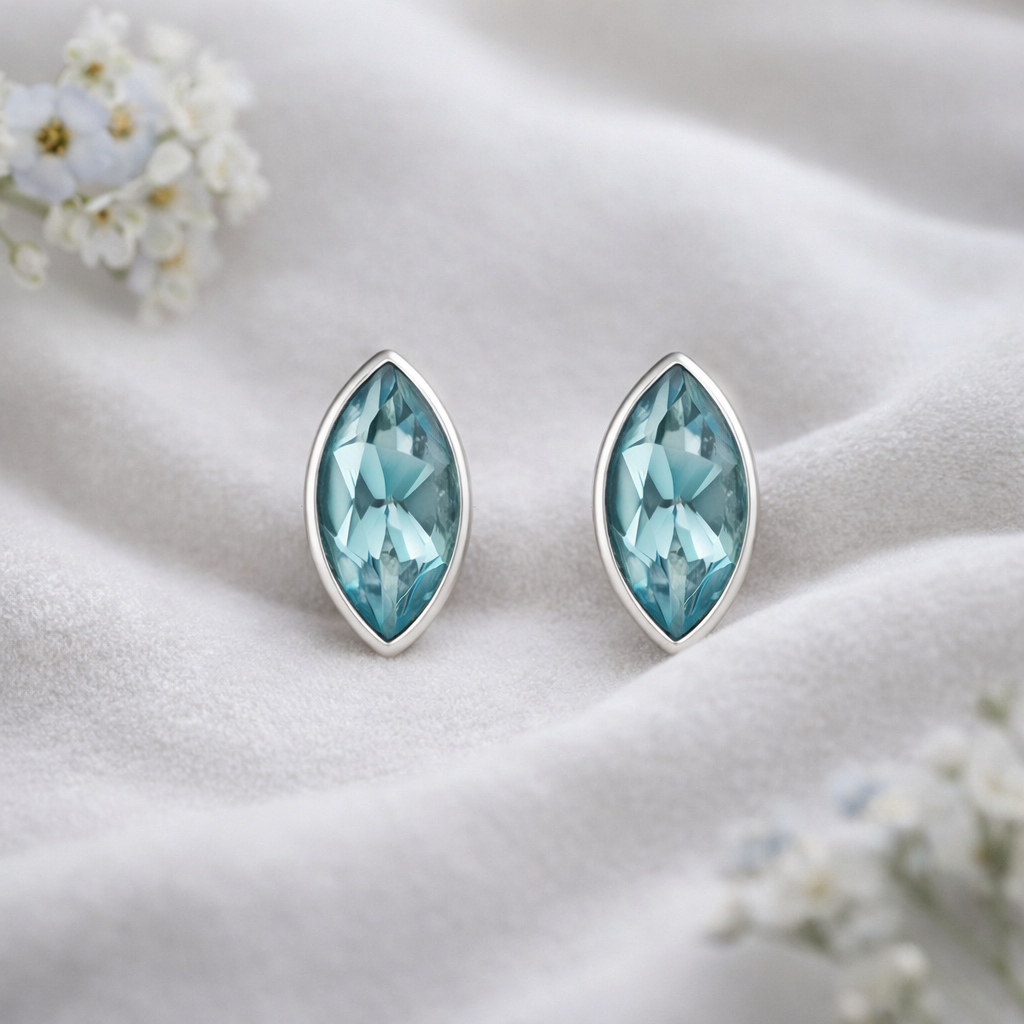 Blue Topaz Stud Earrings Sterling Silver – Marquise Gemstone Earrings – December Birthstone Jewellery
