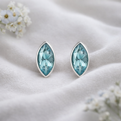 Blue Topaz Stud Earrings Sterling Silver – Marquise Gemstone Earrings – December Birthstone Jewellery