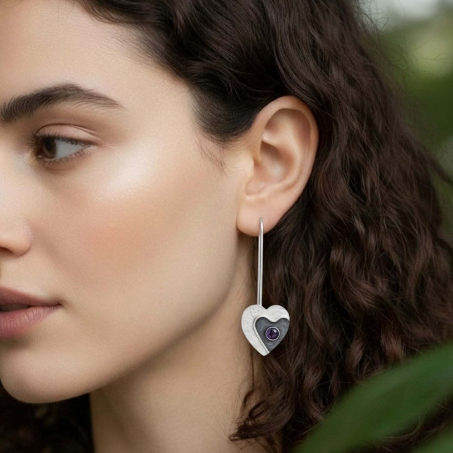 Amethyst heart long sterling silver earrings. February birthstone earrings.