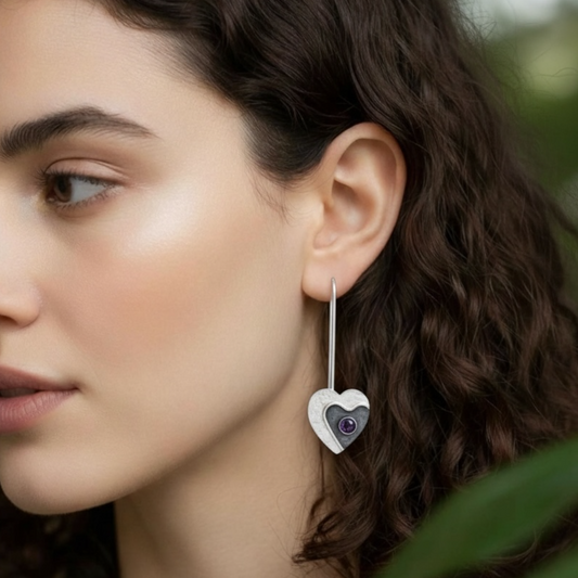 Amethyst heart long sterling silver earrings. February birthstone earrings.