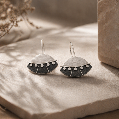 Sterling Silver Textured Fan Earrings, Handmade Statement Drop Earrings