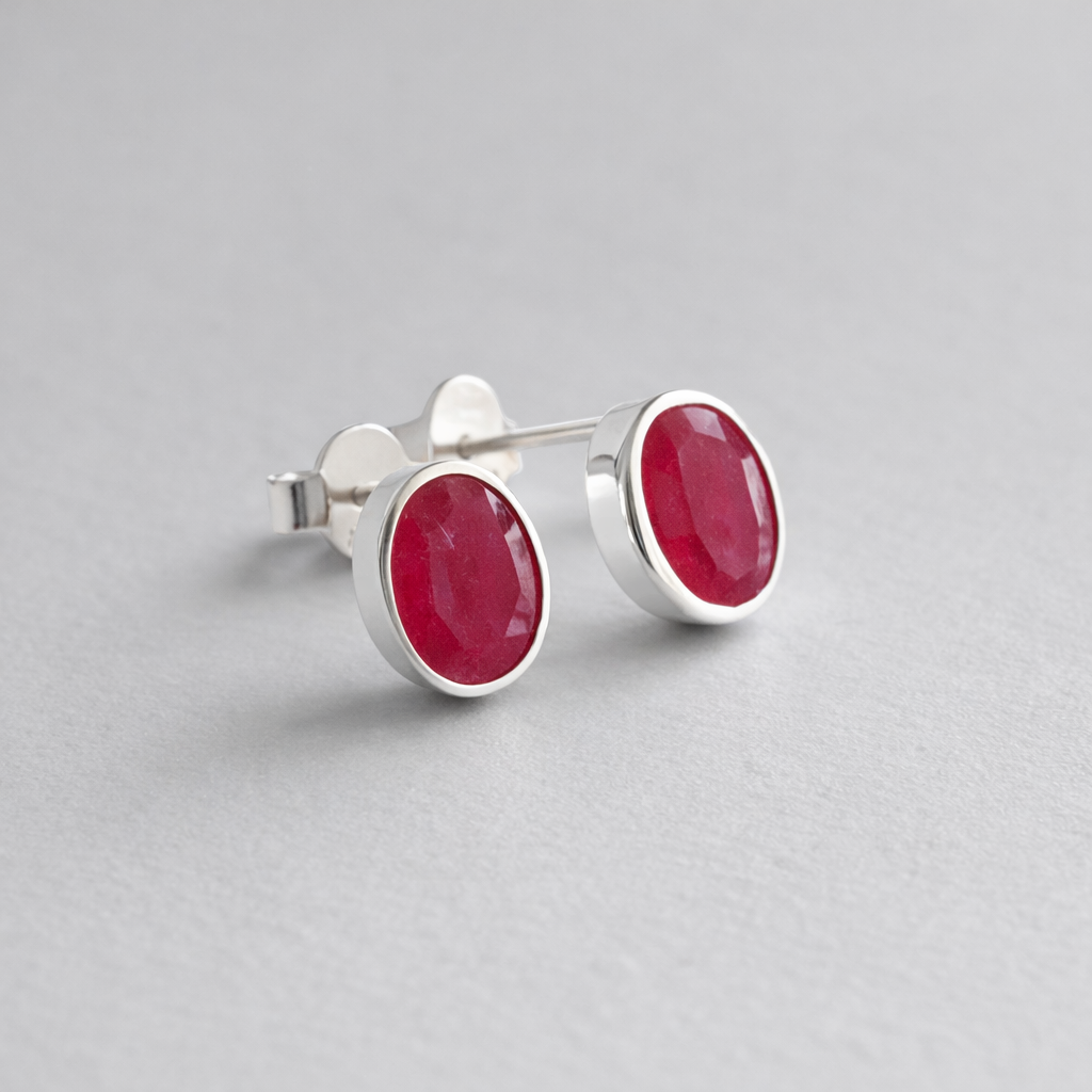 Ruby Quartz Stud Earrings – Oval 6x8mm Sterling Silver Stud Earrings – Minimalist Red Gemstone Earrings