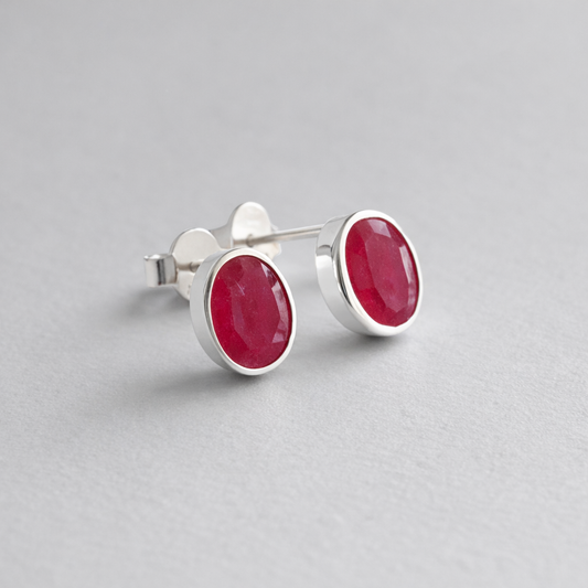 Ruby Quartz Stud Earrings – Oval 6x8mm Sterling Silver Stud Earrings – Minimalist Red Gemstone Earrings