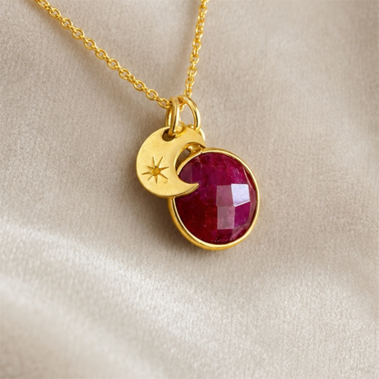 24k Gold Vermeil Ruby and Crescent Moon Necklace